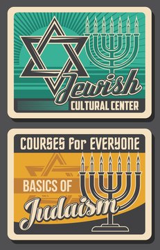 Jewish religion and culture, vector retro vintage posters, Judaism cultural center and Hebrew courses. Torah teaching and synagogue rabbi traditions, Davis Star Magen and Hanukkah menorah candlestick