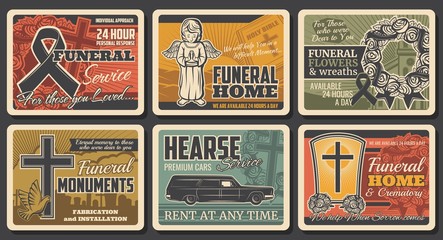 Fototapeta premium Funeral service, hearse catafalque car rental and tomb monuments fabrication, vector vintage posters. Funeral flowers wreath, RIP ribbons and cremation columbarium urns shop