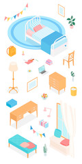 Set of isometric furniture and accessories. Vector collection. Illustration in flat design.