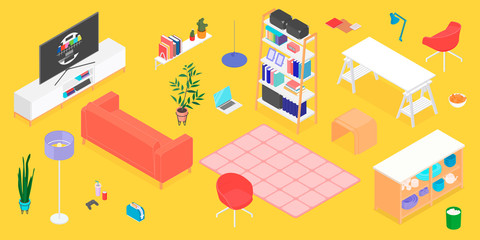 Fototapeta na wymiar Set of isometric furniture and accessories. Vector collection. Illustration in flat design.