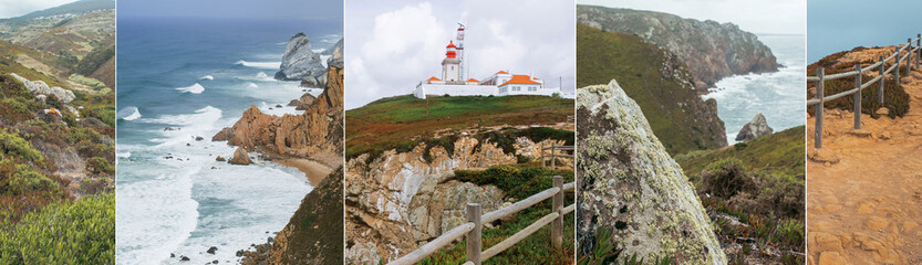 Fototapeta na wymiar Welcome to Cabo da Roca photo collage, Cape of Rock, Portugal, Atlantic ocean. Old lighthouse and picturesque view from the top of the cliff.