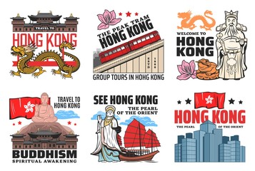 Hong Kong travel landmarks, culture and history city sightseeing tours, tourism agency vector icons. Welcome to Hong Kong, Buddhist temples and pagodas, peak tram and red sails boat on river