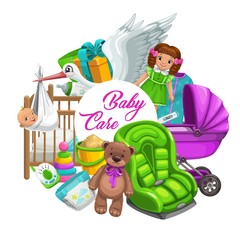 Newborn baby care, vector healthcare hygiene and kid toys gifts. Stork carrying newborn baby in swaddle, child diapers and feeding bottles, nurse monitor, pram and car chair