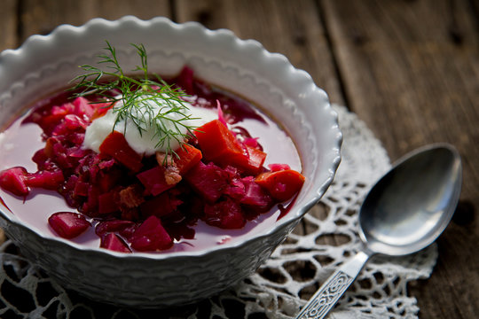 Close-up Of Borscht Served On Table