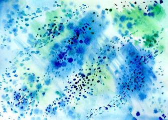 Fototapeta na wymiar Watercolor background with blue and green color, blur effect, hand drawn lines and dots, abstract