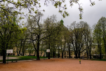 View to Dominican Church in Lviv, Ukraine. April 2016