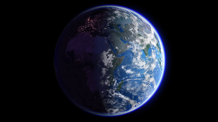 Naklejka na ściany i meble The Earth Space Planet 3D illustration background. City lights on planet. elements from NASA