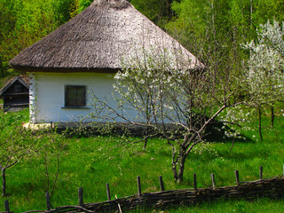 Fototapeta na wymiar Old clay house with straw roof - ancient Ukrainian traditional building.