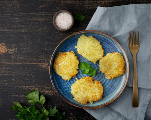 Hashbrown, hash brown potatoes fried pancakes, traditional american cuisine.