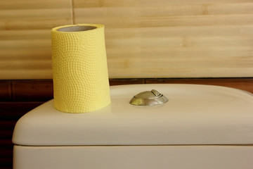 Roll of toilet paper is on the toilet. Yellow toilet paper. The toilet is ceramic, white. The wall is yellow on top, the top is brown tiles. Copy space.