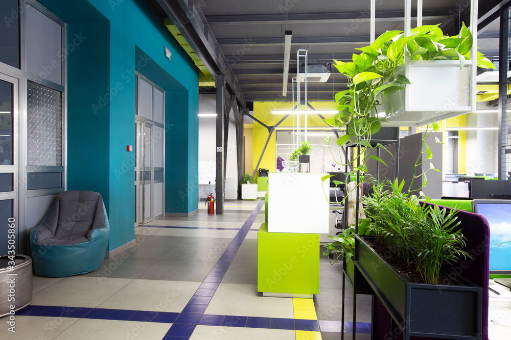 Poster modern office for workers with open space and live plants