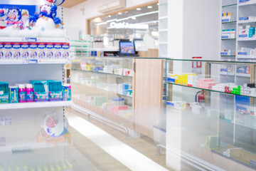 Medicines arranged in shelves, Pharmacy drugstore retail Interior blur abstract background with...