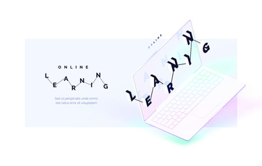 Online learning. The process of remote self-education. Realistic laptop with lettering on the screen. Educational app. Modern vector illustration isometric style.