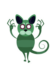 Walking Dead Animals - a green cat with white empty eyes, big nails on its paws and curly tail. Isolated white background.