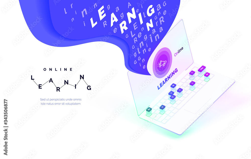 Poster online learning. the process of remote self-education. realistic laptop with a cloud of letters on t