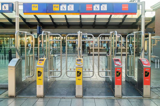 Automated check-in gate on the Dutch railway station of Apeldoorn, The Netherlands on November 11, 2019