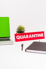 selective focus of laptop with green screen near pen, notebook, plant and paper with quarantine lettering on white