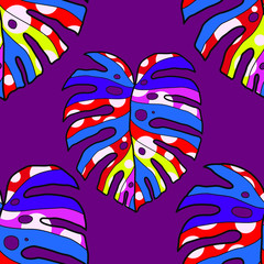 Plakaty  Nowoczesny abstrakcyjny wzór z kreatywnymi kolorowymi tropikalnymi liśćmi do projektowania. Retro jasne tło lato. Ilustracja liści dżungli. Stroje kąpielowe o botanicznym kroju. Vintage egzotyczny nadruk. Wektor