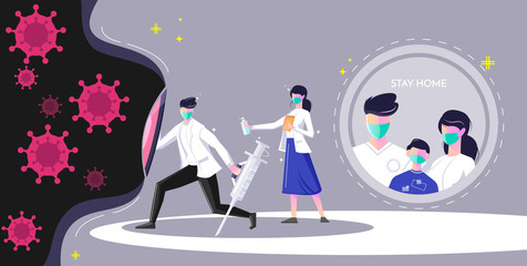 Doctors wearing face mask fight against covid-19 and people stay home for safe modern flat vector background. vector illustration