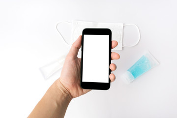 Mockup image of black mobile phone with blank white screen.