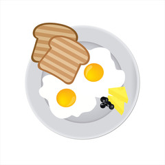 Tasty and nutritious breakfast - two fried eggs with cream cheese, toast and olives on a plate. Closeup isolated.