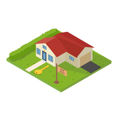 House isometric 3d vector. Isometric view style vector illustration. For sale table. Text wooden plate. Real estate for rent concept.