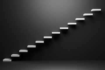 White ascending stairs in black room abstract 3D illustration