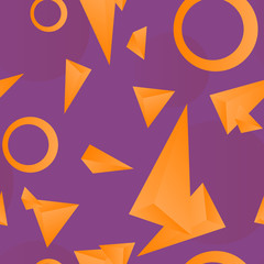 Seamless purple background, silhouettes of triangles and rings of orange color