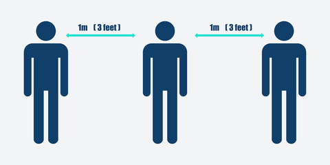 Keep distance sign. Coronovirus epidemic protective equipment. Preventive measures. Steps to protect yourself. Keep the 1 meter distance. Vector illustration.