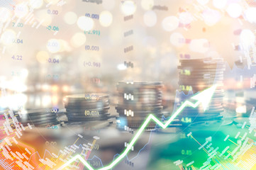 Stock market digital graph chart on LED display concept. A large display of daily stock market price and quotation. Indicator financial forex trade education background.  coins for finance concept