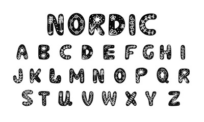 Hand drawn alpabet with nordic herbal elements on it. Cute letters in modern scandinavian style. Isolated on white background. Vector stock illustration.