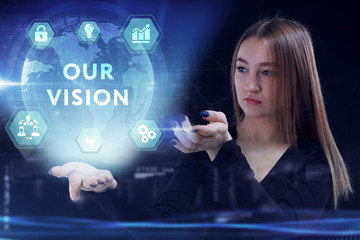 Business, Technology, Internet and network concept. Young businessman working on a virtual screen of the future and sees the inscription: Our vision