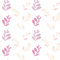 Fototapeta na wymiar fabric seamless pattern leaves and twigs in pastel colors. for the design of children's clothing. printing on wrapping paper, materials, design of wallpaper, notebooks. doodle. pink cute wallpaper