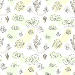 haystack, chicken, rooster, pitchfork, dandelion. doodle, sketch, children's drawing. Village seamless pattern. for printing on fabric. eco-packaging design, agricultural products. Vector EPS 10. 