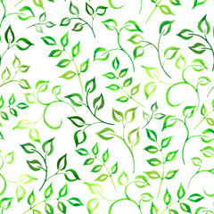 Watercolor light-green leaves on a white background with splashes, drops. Seamless pattern. Hand-painted texture. Watercolor stock illustration. Design for backgrounds, wallpapers, textile, covers.