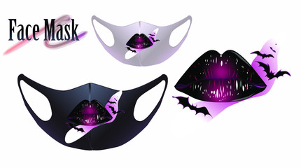 Stylish face mask design. Purple lips with bats. Realistic image of an elastic medical mask.