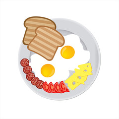 Tasty and nutritious breakfast - two fried eggs and sausage slices with cheese and ripe tomato slices and toasts on a plate. Closeup isolated.