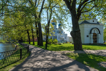 DZERZHINSKY, MOSCOW REGION, RUSSIA - may 2018: Exterior of the Nikolo-Ugreshsky Monastery, courtyard view. Founded in 1380. Transfiguration Cathedral