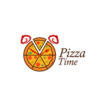 Pizza logo that looks like an alarm clock.