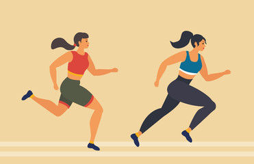 Woman runs marathon, athlete performs a race, overcoming distance. Sport girls, cardio workout. Vector illustration