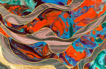 Mixed colorful inks background. Abstract paint texture with golden glitter.