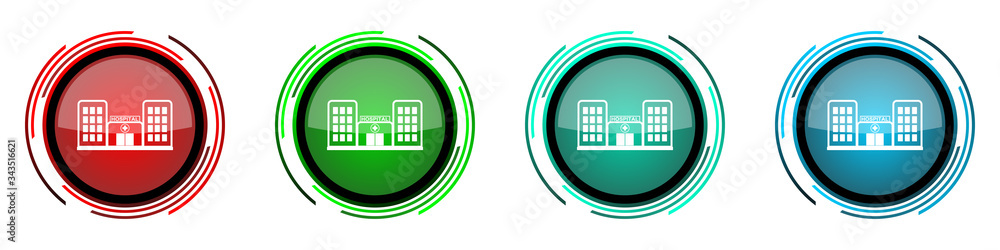 Leinwandbilder Hospital building round glossy vector icons, set of buttons for webdesign, internet and mobile phone applications in four colors options isolated on white background