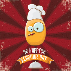 International workers day or 1 may labour day greeting card with funny cartoon tiny brown smiling chef potato with chef hat isolated on red background with rays. May day poster design template