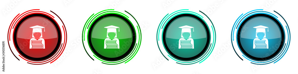 Poster Student round glossy vector icons, books education, knowledge set of buttons for webdesign, internet and mobile phone applications in four colors options isolated on white background