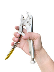 The hand of a person holding a straight pliers on white background with work path.