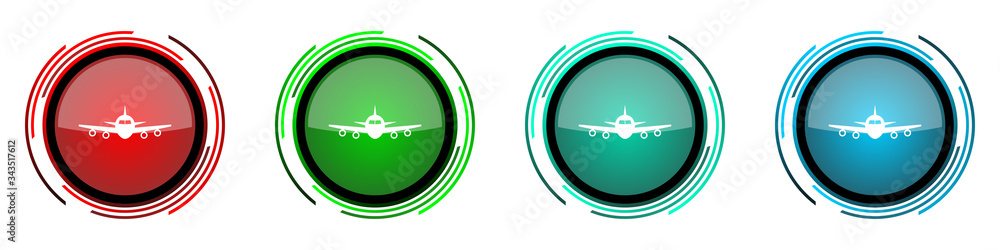Poster flight round glossy vector icons, plane, aircraf set of buttons for webdesign, internet and mobile p