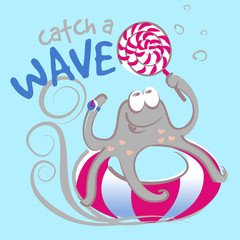 Cute little octopus vector character illustration. Catch a wave collection