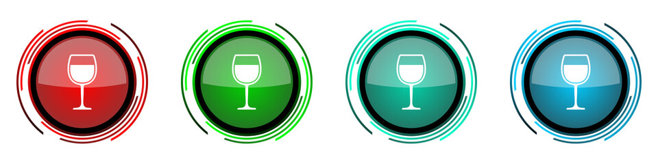 Alcohol round glossy vector icons, glass set of buttons for webdesign, internet and mobile phone applications in four colors options isolated on white background