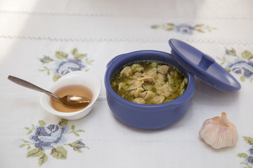 'Dushbere' - soup with meat dumplings with mint leaves served with vinegar Azerbaijan cuisine