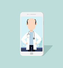 Smartphone screen with man doctor online. video conference with your doctor. Vector flat person illustration.